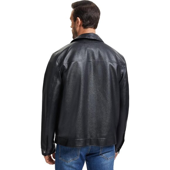 Men Black Faux Leather Biker Jacket Lightweight Vintage Bomber Zip Up Coat - Picture 5 of 8